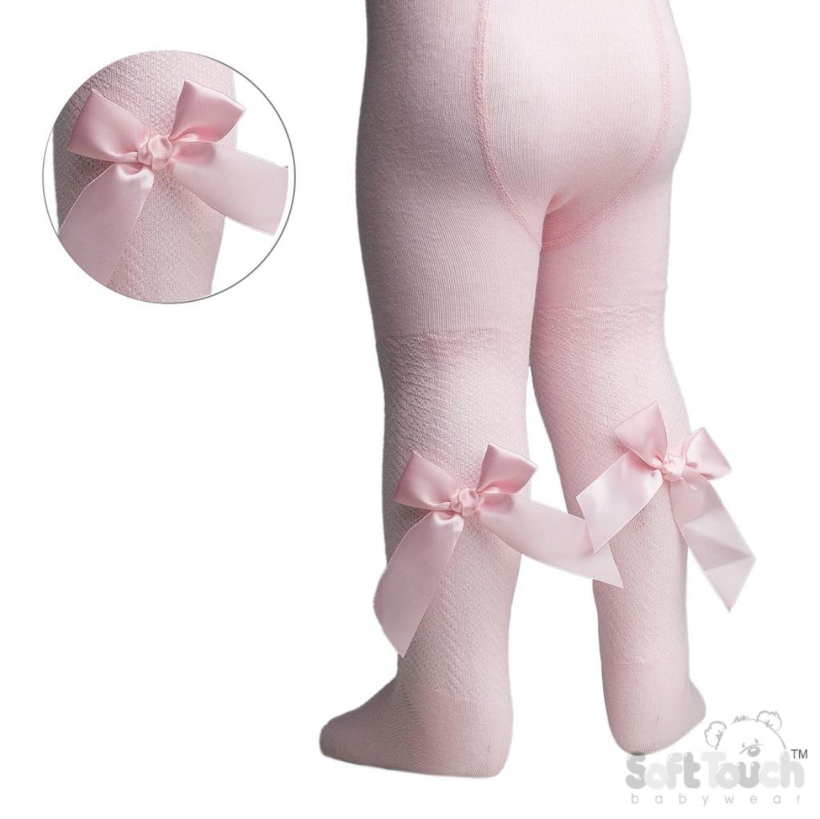 Baby girl pink jacquard tights with long bows