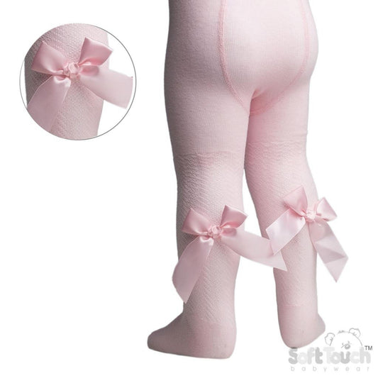 Baby girl pink jacquard tights with long bows