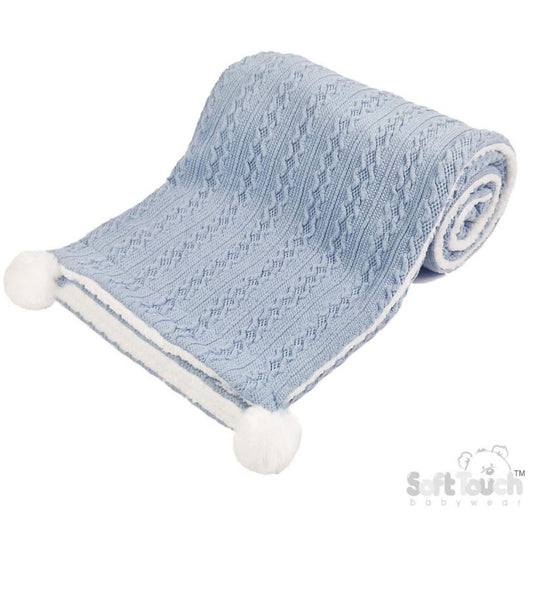 Dusty Blue Knit Blanket With Pom Poms