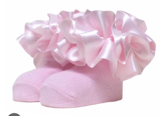 Caramelo Pink Satin Frill Socks